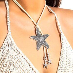 Starfish Beach Leather Necklace Dangle Bead Charm Ocean Vacation Boho Adjustable